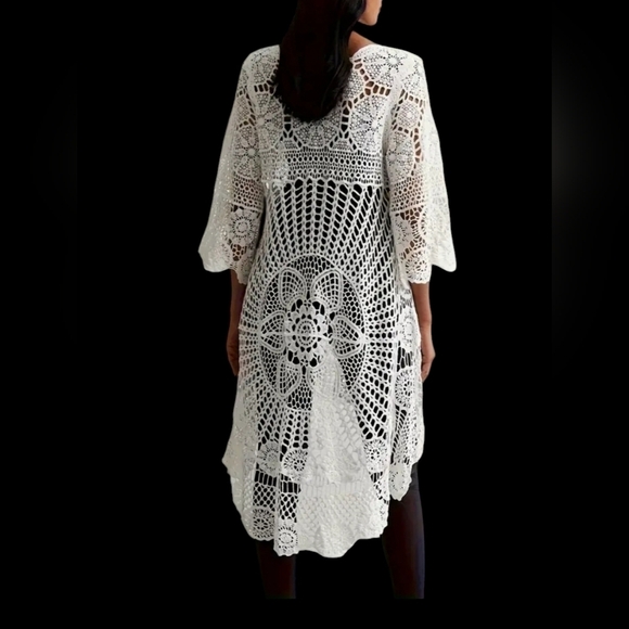 New Crochet Floral hi low Cover up Tunic white long flowy Small - Picture 5 of 6